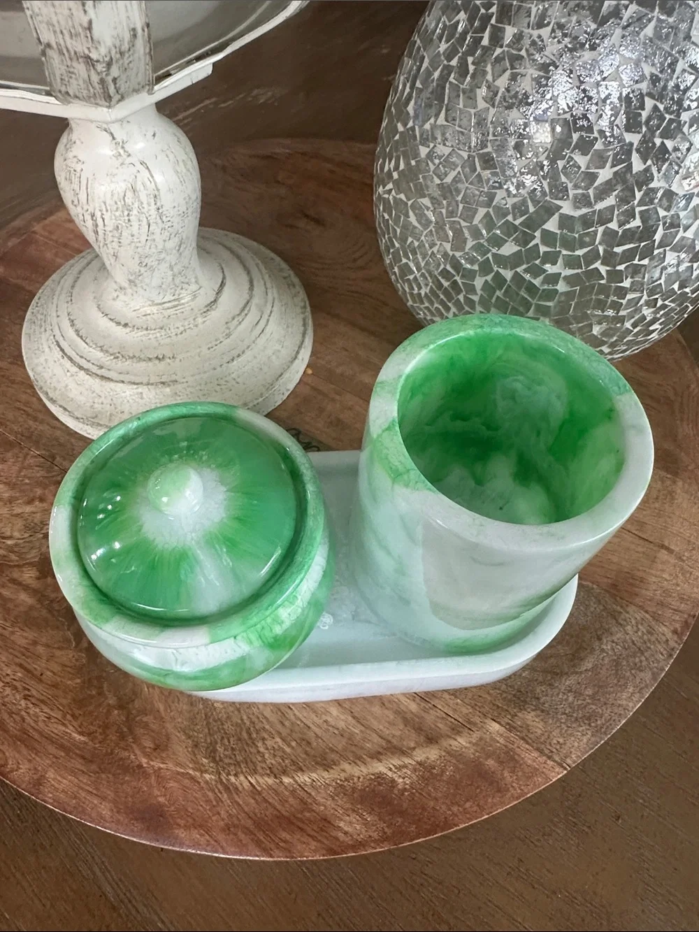 Marbleized Green resin Vanity Set with Tray